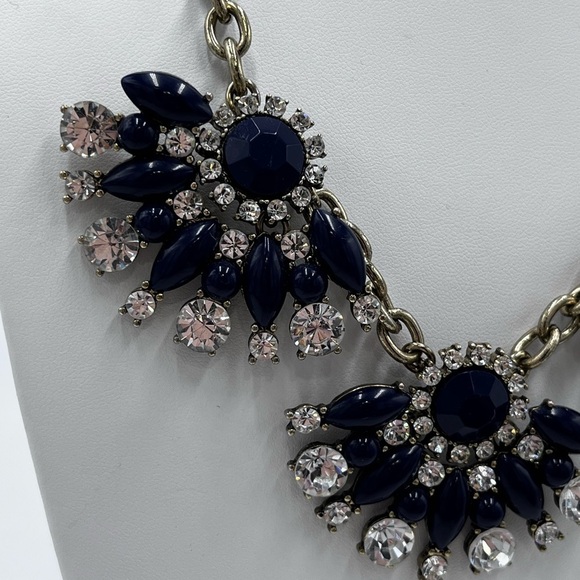 J. Crew Navy Blue and Clear Rhinestone Triple Fan Statement Bib Necklace - Picture 4 of 16